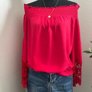Lane Bryan Red Off the Shoulder Blouse with Lace Sleeves 100% Rayon (Blouse only